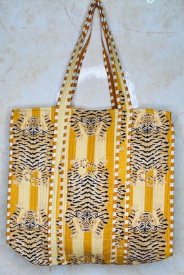 Indian Handmade Quilted Tote Bag Women Yellow Tiger Cotton Shoulder Shopping Bag