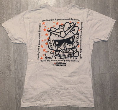 Gundam Hello Kitty Collaboration T-Shirt Large Tan Beige Love Peace Anime Casual