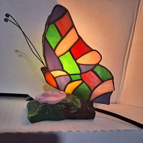 Tiffany Style Table Lamp Butterfly Stained Glass Vintage Table Light READ