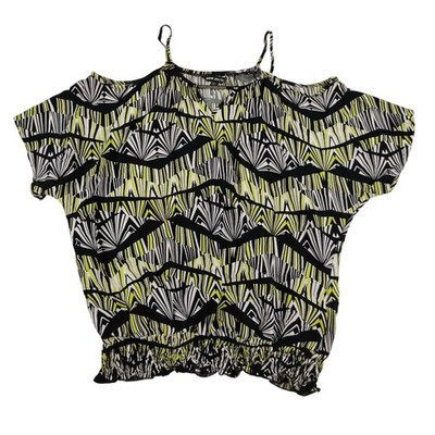 Unique Spectrum Cold Shoulder Top L Black Green Geometric Neon Y2K Boho Indie