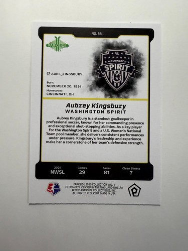 Aubrey Kingsbury 2025 Washington Spirit #88 Parkside Vol. 1 NWSL Card - Picture 2 of 2