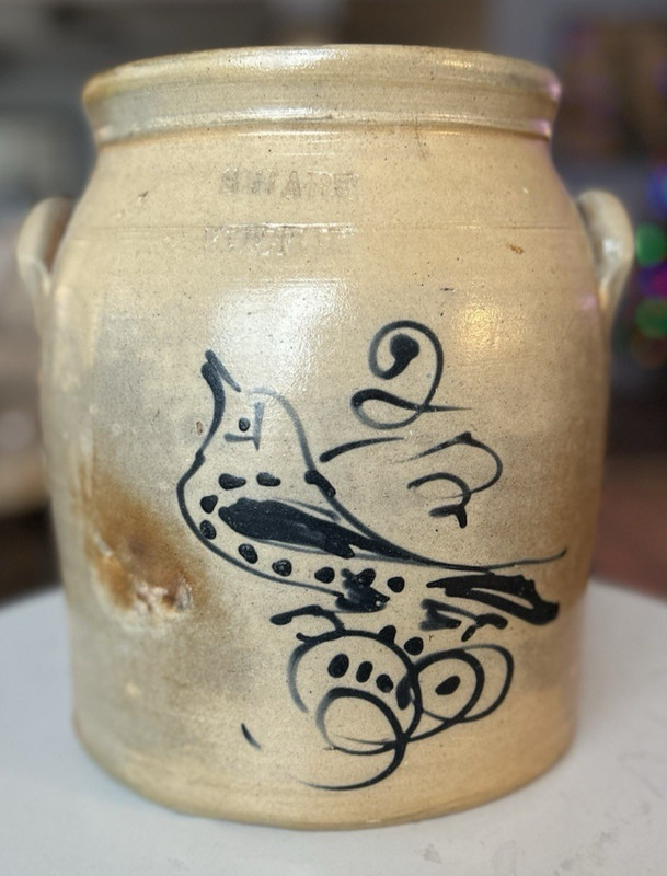 Stoneware crock with cobalt blue bird decoration by S. Hart, Fulton NY