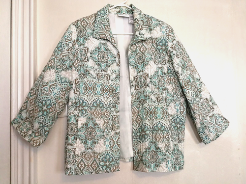 Alfred Dunner Womens Blazer Jacket 18 Plus Floral White Blue Open Front Crinkle