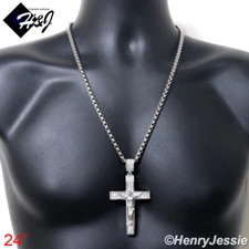18-40"MEN Stainless Steel 5mm Silver Box Link Chain BIG ICY CZ Cross Pendant*142