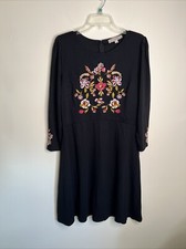 Loft Women's 12 Black Embroidered Floral A Line Knee Length 3/4 Sleeve Dress EC