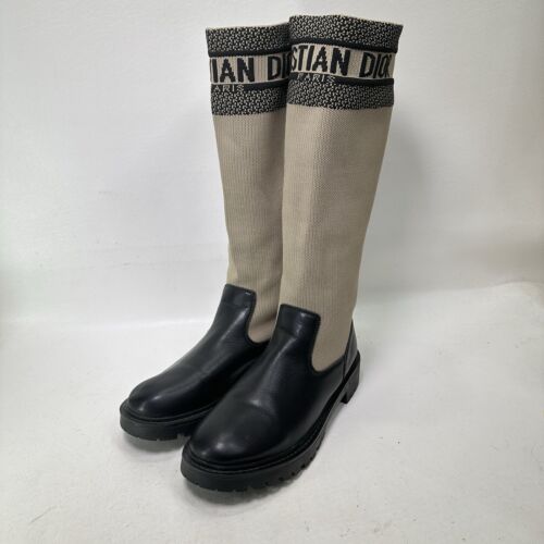 Christian Dior D-major Boots Women 40 Tan Brown Leather Signature Knit Pullon - Picture 2 of 17