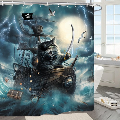 Funny Cat Bathroom Shower Curtain Inch Pirate Ship 60W by 71H Cat Blue Ocean - Picture 3 of 8