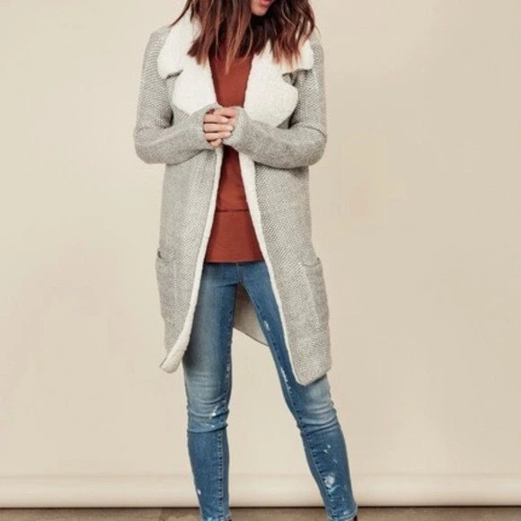 Lovestitch Sweater Coat Cardigan Coatigan with Sherpa Collar Gray size Medium
