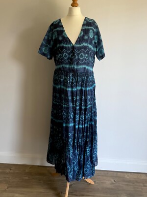 Phool Kleid Gr. 14 Blau Tie Die India Baumwolle Knöpfe Crinkle Vintage Boho