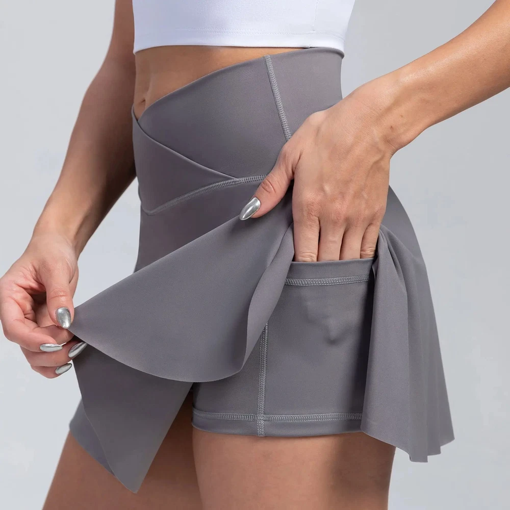 Pleated Tennis Skirt with Pockets Shorts Athletic Skirts Crossover High Waisted