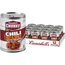 (12 Pack) Campbell’s Chunky Hot and Spicy Chili with Beans, Gluten Free, 16.5 Oz
