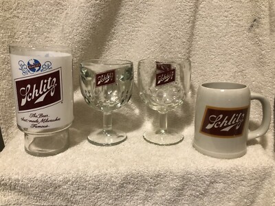 4 Different Vintage Schlitz Made Milwaukee Famous Beer Glasses Goblets R3