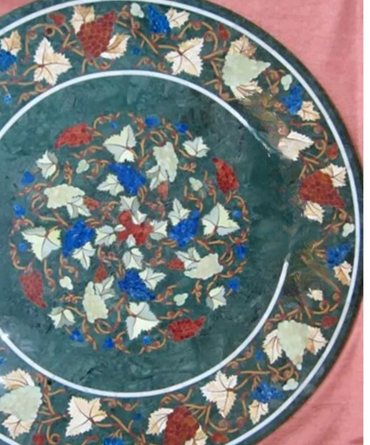 24" Multi Gemstones Inlay Coffee Table Top Green Round Marble Garden Table Decor - Picture 2 of 8
