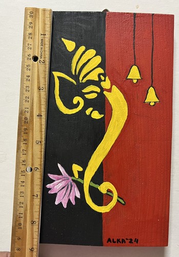 Ganesh Ganpati Loto Mini Acrílico Panel Madera Pintura Original HINDÚ YOGA 4" zen - Imagen 9 de 12