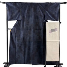 Tsumugi Silk Kimono Set M Navy Indigo pre-owned condition Traditional Wear