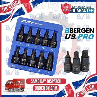 US PRO 10-TEILIG 1/2'' ZOLL ANTRIEB TORX STAR BIT SCHLAGSCHRAUBER STECKSCHLÜSSEL WERKZEUG SET T20 - T70 STECKER
