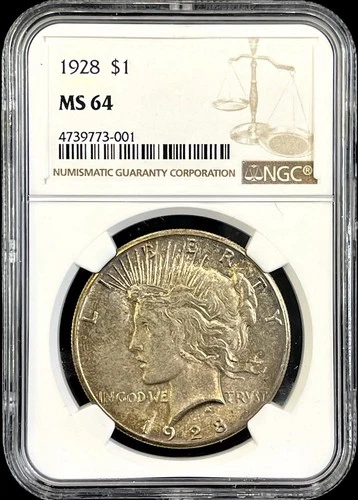 1928-P Silver Peace Dollar Graded MS64 by NGC