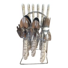 24PC CUTLERY DINNER SET STAINLESS STEEL METAL STAND RACK FORKS TEA SPOONS POLISH