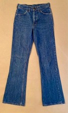 1970s vintage Levi's 646 orange tab bellbottom flare denim blue jeans talon