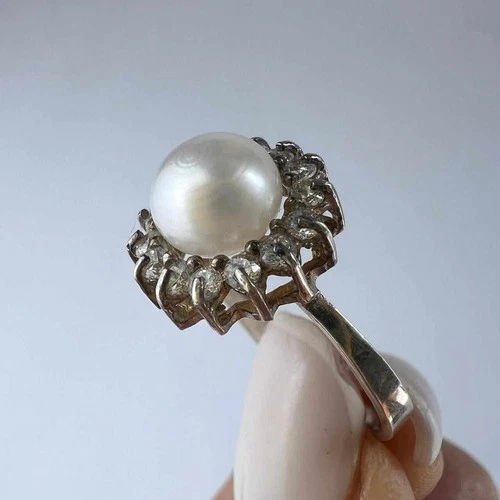 RARE Vintage 925 Silver Pearl Ring Women Statement Estate Jewelry S 8.5 Auction