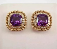 2 CT Cushion Cut Lab-Created Amethyst Halo Stud Earrings 14K Yellow Gold Plated