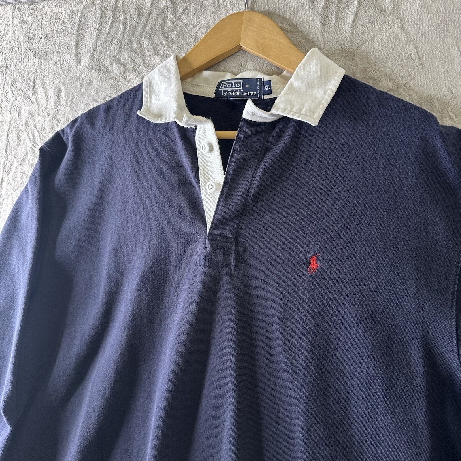Vintage Polo Ralph Lauren Rugby Shirt Blue And White Mens Size XL