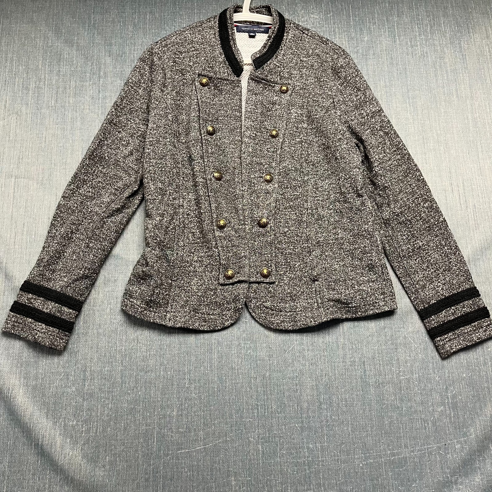 Tommy Hilfiger Women's Blazer Size XL Gray Double Breasted Knit Jacket Polyester