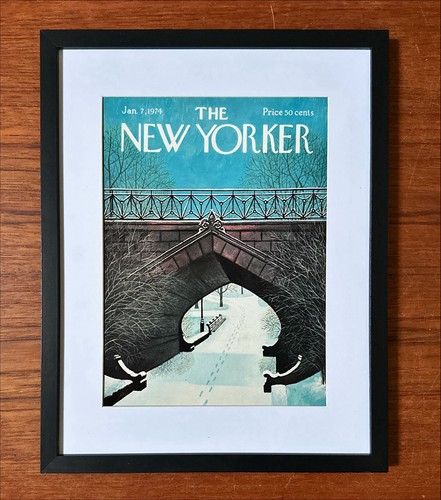 Framed 1974 New Yorker Magazine Cover January 7 Snow Bridge