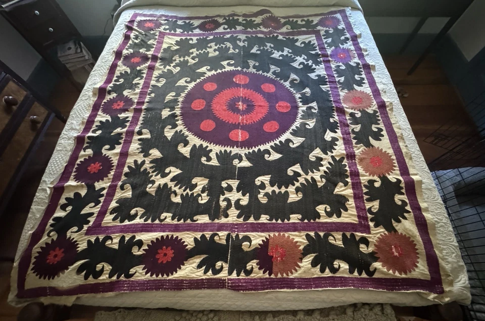 Antique Hand Embroidered Colorful Suzani Panel 64" by 54" Made in Two Pieces - Image 2 of 4