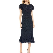 NWOT Mac Duggal Flutter Sleeve Beaded Navy Midi Dress in Midnight 14