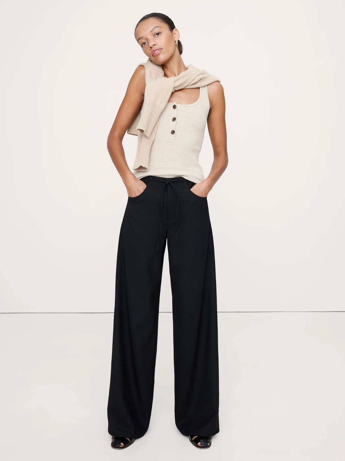 Banana Republic M The Studio Wide-Leg Drawstring Pant Black #826491