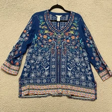 John Mark Top Womens L Blue Floral Embroidered Tunic Art To Wear Boho Eclectic