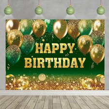 Gold and Green Happy Birthday Backdrop Glitter Balloon Sequin Bokeh Birthday ...