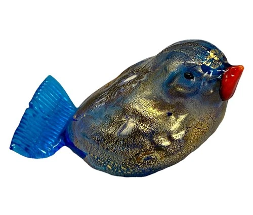Vintage Murano Hand Blown Glass Chirpy Bird Blue Gold Infused 3”