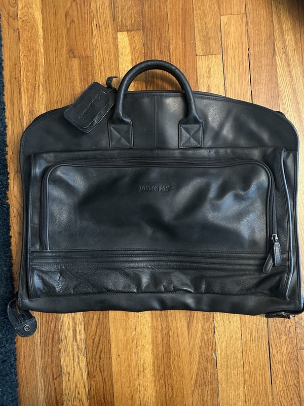London Fog Black Leather Folding Garment Bag Suit Carrier Handles Zipper