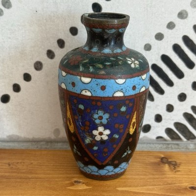 Vintage Cloisonné-Style Enamel Brass Miniature Floral Vase Asian Export