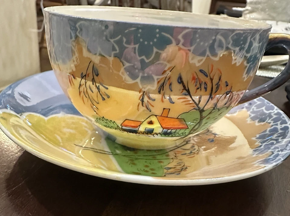 2 tazas de té y. Platillos. Lustreware japonés. Pintado a mano. Foto 4 de 4