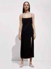 Mango Satin Slip Dress Black Side Slit Strappy Midi Minimalist Size 10