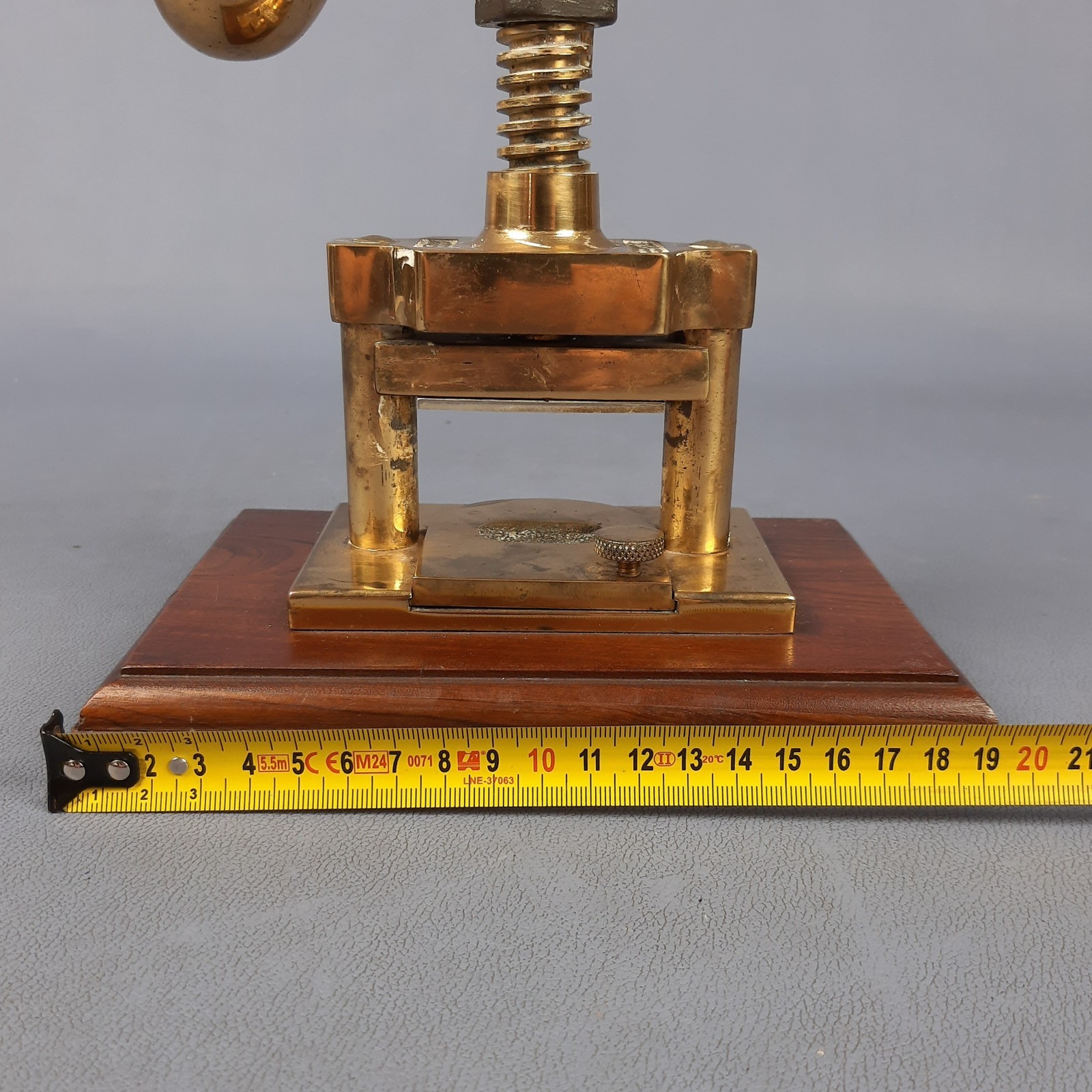 Antique Brass Weighing Scale Schaefer Press On Wooden Base Vintage 60s