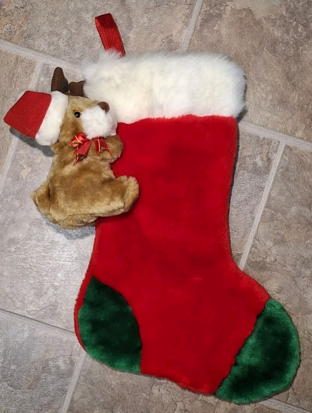 Reindeer Christmas Stocking Plush Vintage Sock Stuffed Animal Prima Creations