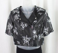 Lamarque Black White Floral Print Leather Full Zip Short Sleeve Lined Jacket S