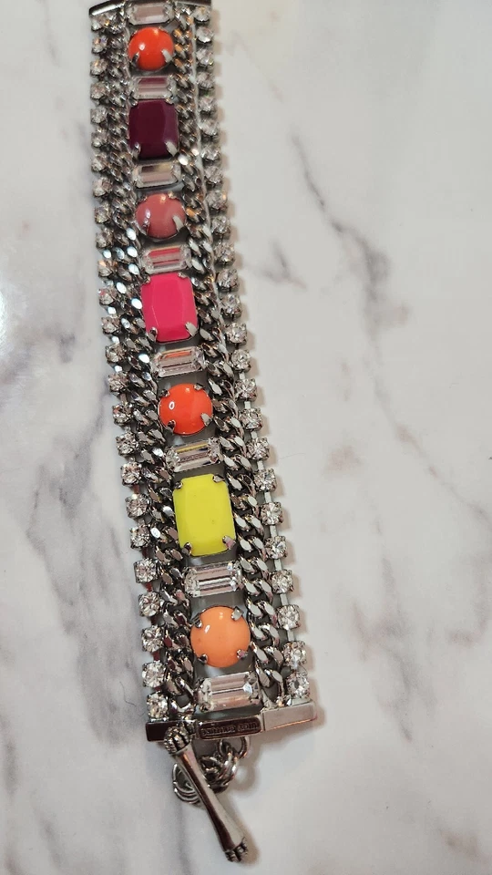 Juicy Couture Silver Tone Neon Rainbow Crystal Rhinestone Wide Toggle Bracelet - Image 4 of 4