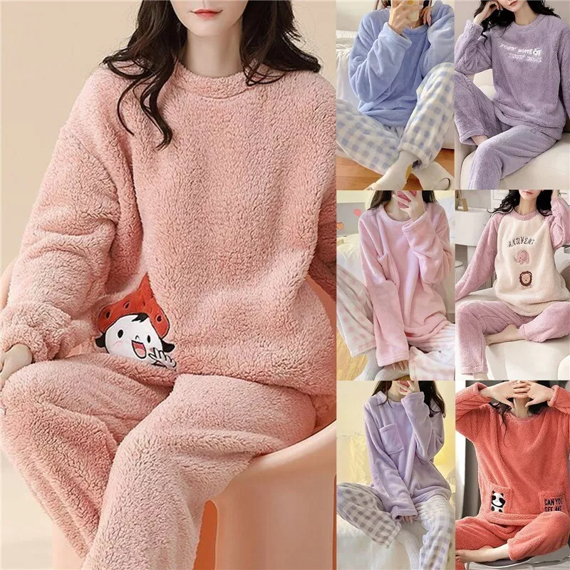 Women Cute Flannel Fleece Winter Thick Warm Pajama Pyjama Set Soft Pjs  Sleepwear