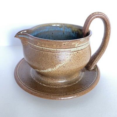 Handmade Gravy Sauce Boat Pottery Ceramic Handle Saucer Plate Attached READ