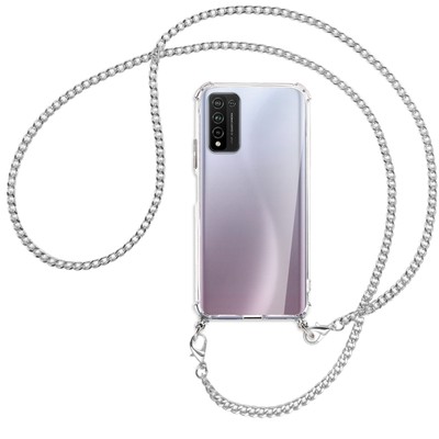Handykette für Honor 10X Lite silberfarbene Kette Hülle mit Band Kordel