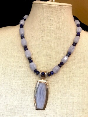 Jay King Blue Lace Agate & Lapis Pendant with 181/2'' Beaded Necklace NWT
