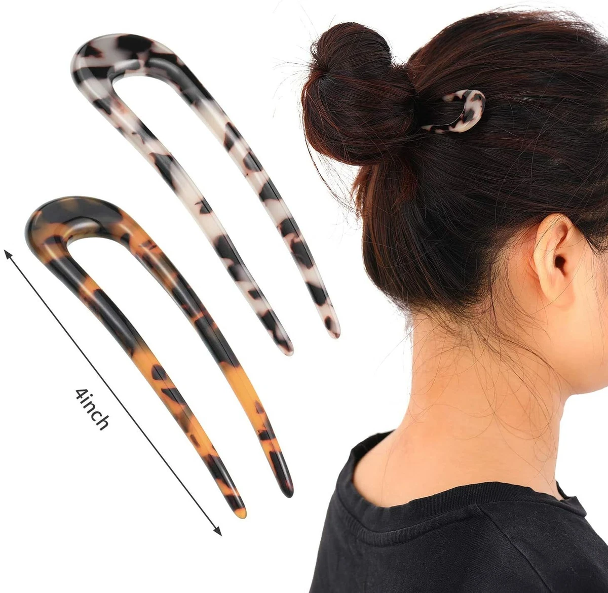 2 Pack French Cellulose Acetate Tortoise Shell U Shaped Hair Pin Fork Two