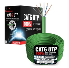 1000FT CAT6 Green ETL CMR Ethernet Cable UTP Solid Bare Copper 23AWG 550Mhz Wire