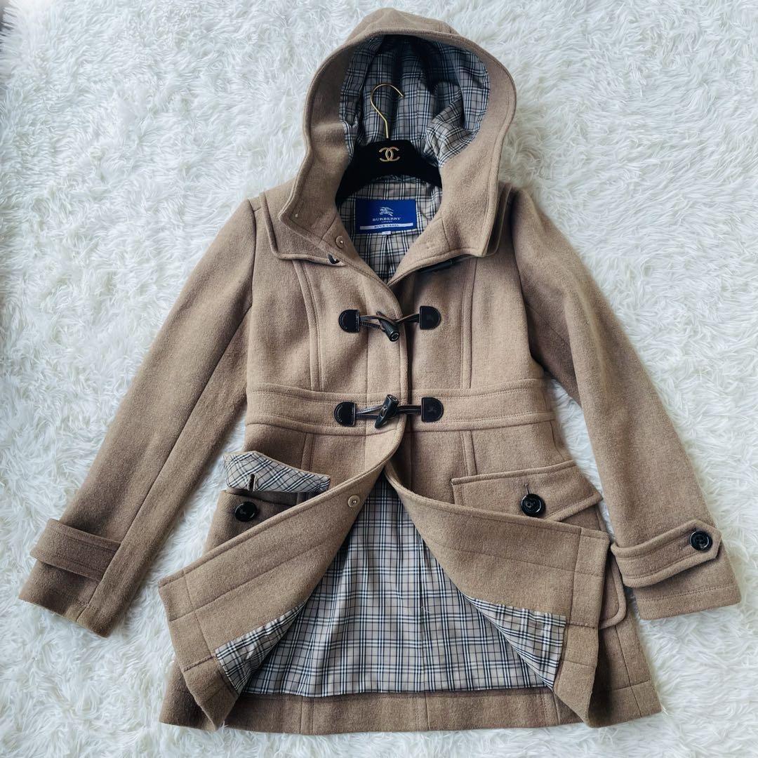BURBERRY BLUE LABEL Wool Duffel Coat Beige Nova Check Toggle Button Size 40 Used