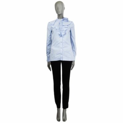 60120 auth GUCCI sky blue RUFFLED FLOWER BROOCH Blouse Shirt 38 XS